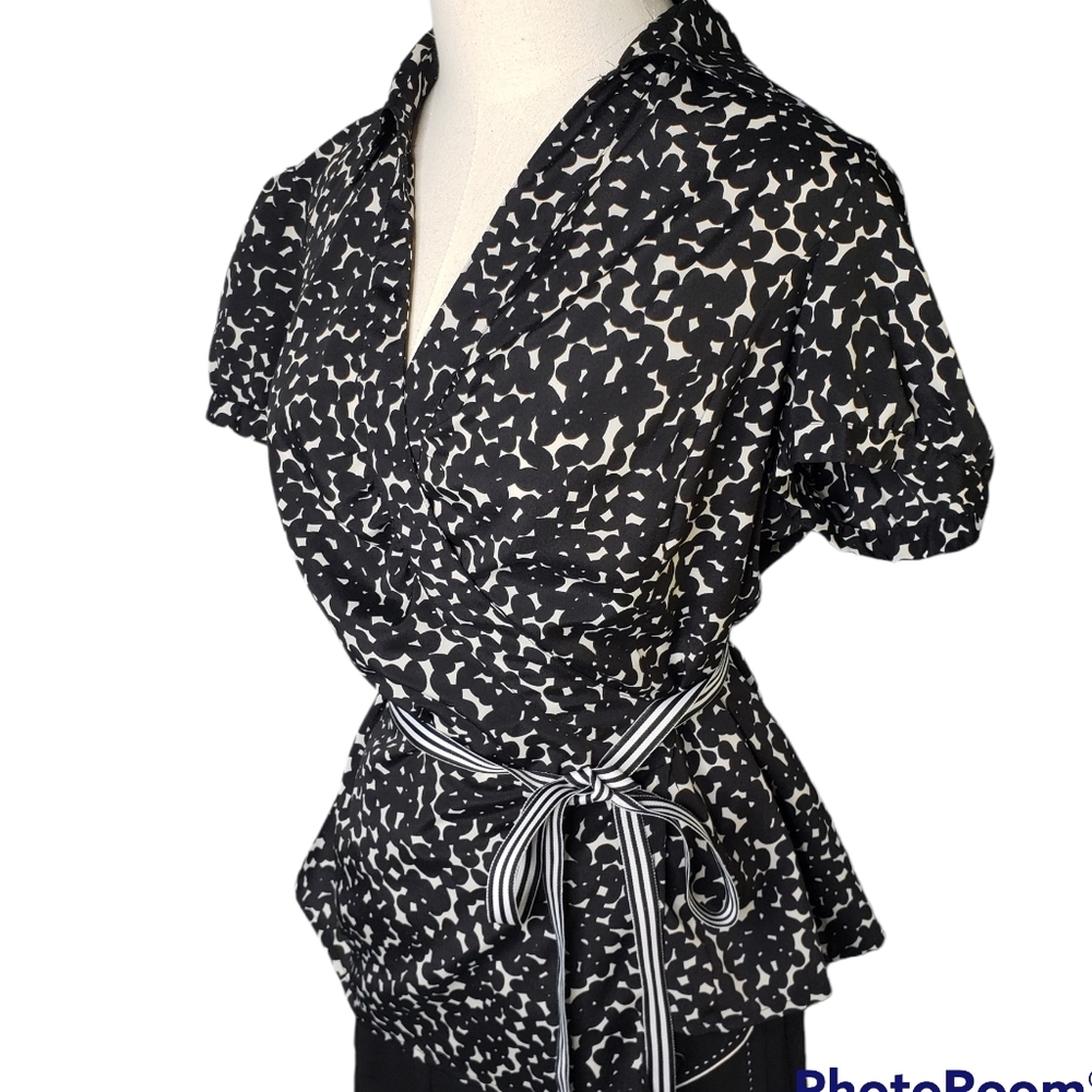 Ann Taylor Petites Genuine Wrap Blouse puffy cap sleeves grosgrain ribbon tie ♡